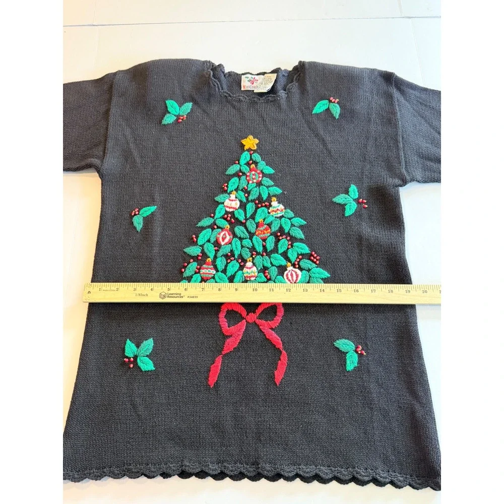Nutcracker‎ Vintage Christmas Sweater Black Embroidered Tree Scalloped Hem M